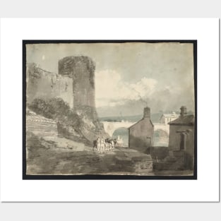 A Road with Houses and a Bridge over a River beneath the Walls of a Castle Posters and Art